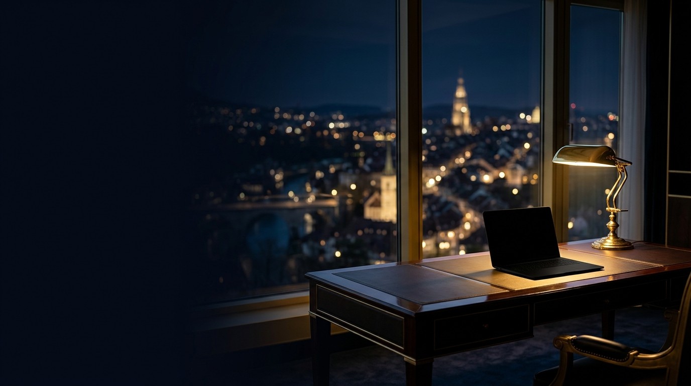 Nächtlicher Blick über die Berner Altstadt mit Münster aus einem Büro mit Messinglampe
